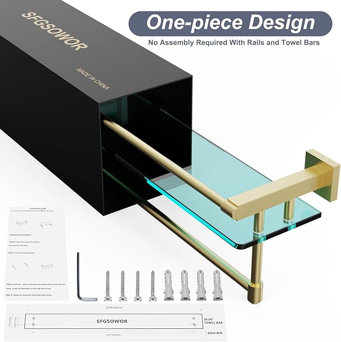 SFGSOWOR Bathroom Glass Shelf with Towel Rack Organizer Wall-Mounted Bathroom Storage SUS304 Stainless Steel Track Wall-Mounted Tempered Glass Stainless Steel Shelf (Brushed Gold, 20-inch)