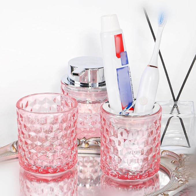 Bathroom Accessories Set, 3pcs Pink Glass Bathroom Accessory Set,Toothbrush Holder, Foaming Soap Dispenser and Tumbler, Silver Bathroom Decor Sets for Organizer, Home Apartment Gift