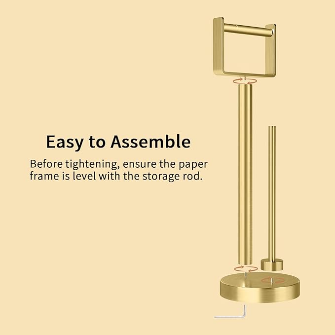 YUMORE Toilet Paper Holder Stand with Storage, Bathroom Weighted Base Floor Toilet Paper Roll Holder Free Standing for 3 Rolls, Gold