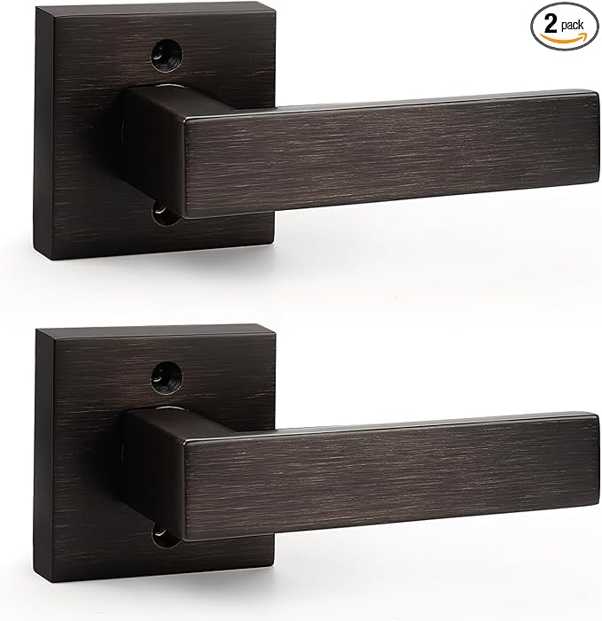 Probrico 2 Pack Oil Rubbed Bronze Single Side Dummy Levers [Exposed Screws] with Square Rosette Universal Handing Heavy Duty Non- Functioning Interior Handles