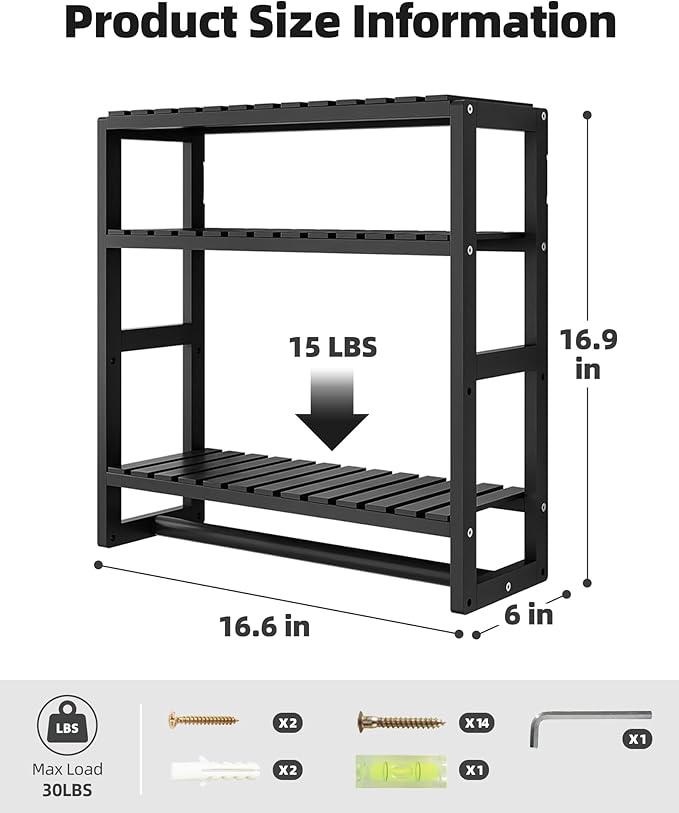 Over The Toilet Storage Bathroom Shelves Wall Mounted 3 Tier Space Saver Corner Shelf Organizer Bamboo Towel Rack Toilet Paper Cabinet with Hanging Rod Black