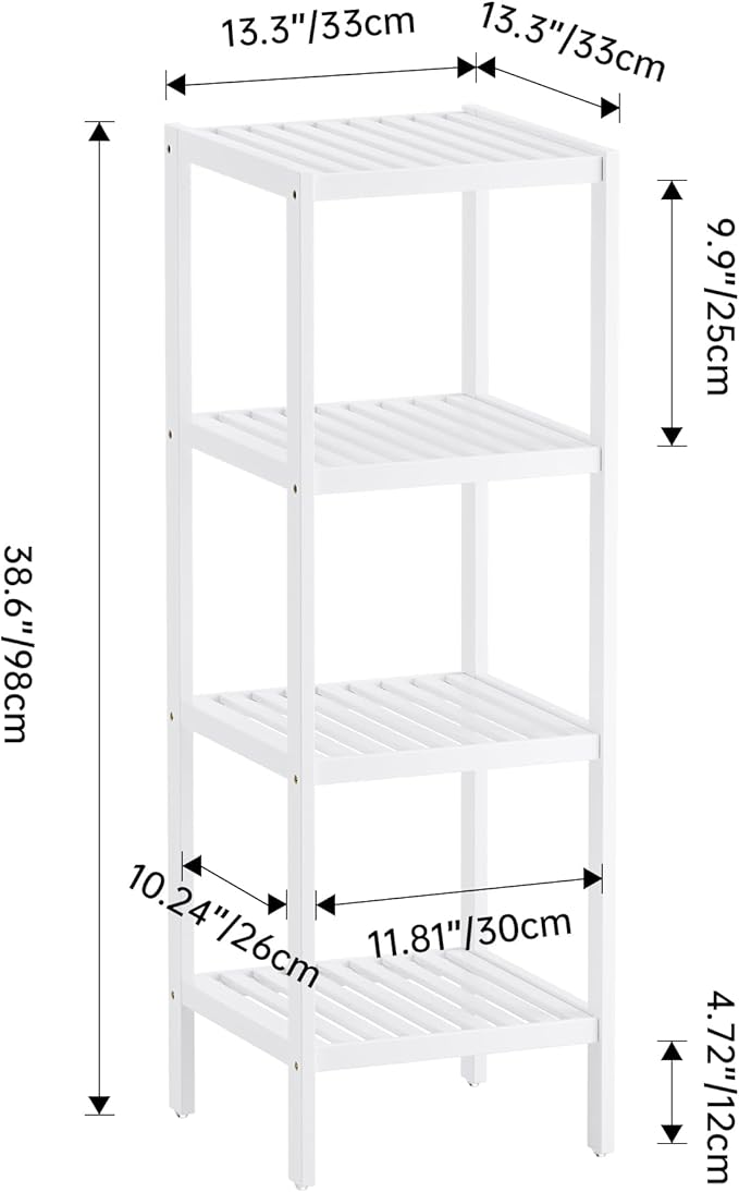 SMIBUY Bathroom Storage Shelf, 4-Tier Bamboo Rack Organizer, Multifunctional Shelving Unit for Living Room Bedroom Kitchen (White)
