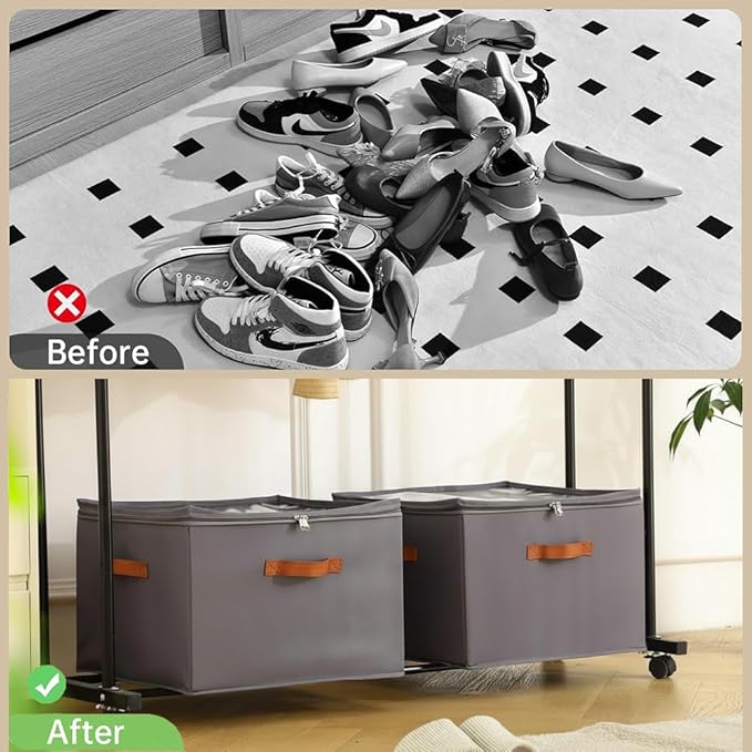 Foldable Shoe Organizer Box for Closet & Under-Bed, Adjustable Dividers, Holds up to 16 Pairs, Stackable, Gray with Clear Cover & Leather Handles, 17x17x12 inch