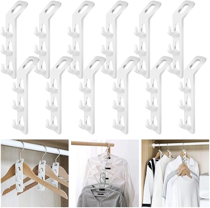 Space Saving Clothes Hanger Hooks, Multi Function Cabinet Organizer with 3 Hooks per Hanger, Connectable Wardrobe Space Saver for Pants Bags Accessories, Heavy Duty Thick PP