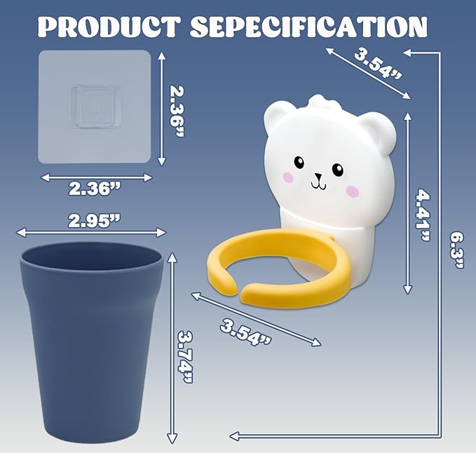 Cute Kids Toothbrush Holder with Cup & Toothpaste Wall Mounted, Adhesive Bathroom Organizer - Kids Bathroom Decor Accessories, Animal Toothbrush Holders for Kids - Polar Bear