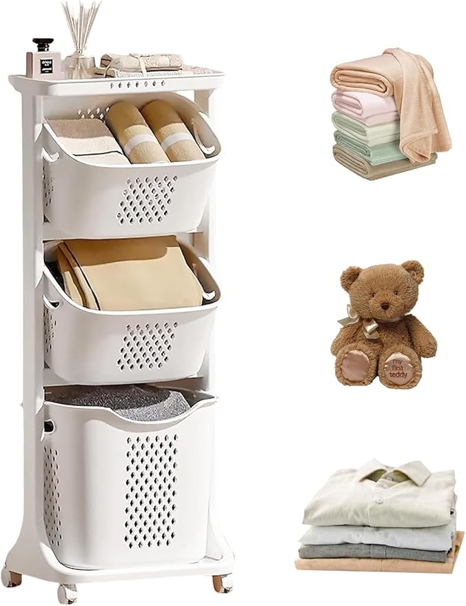 Rolling Laundry Hamper Cart with Wheels, 3 Tier White Laundry Baskets, Clothes Hamper with Portable Storage Baskets for Kitchens, Bathrooms, Bedrooms, Classrooms, Laundry Rooms(75L)