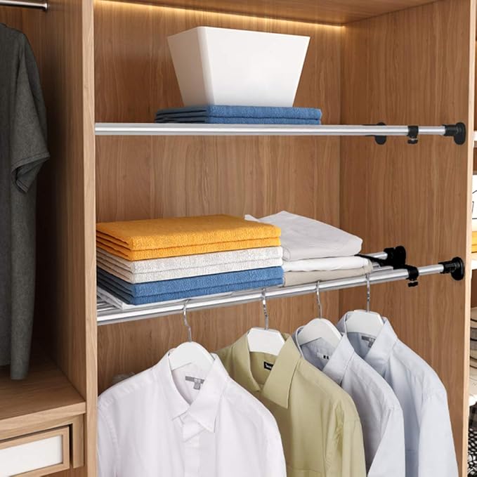BAOYOUNI Adjustable Closet Shelf Expandable Shelves Tension Rod Hanger Space Saving Storage Rack Organizer Divider for Wardrobe, Cupboard, Kitchen, Bathroom Use, Black, 2 Pack