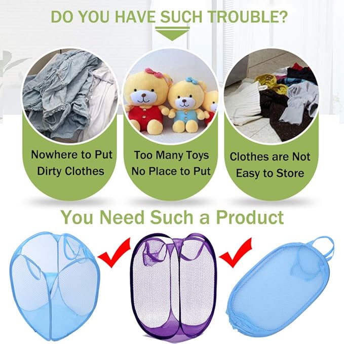 RZJZGZ Foldable Pop-Up Mesh Laundry Hamper with Side Pocket Clothes Laundry Basket Storage Bag with Carry Handles for Dirty Clothes (2 Pack)