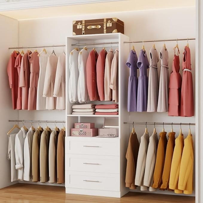 Closet System with 3 Drawers, 4–8.5 Ft Closet Organizer System with 5 Adjustable Hanging Rods & Shelves, Wood Walk-In Closet System, Built-In Modular Closet Kit, Sturdy Garment Rack, White