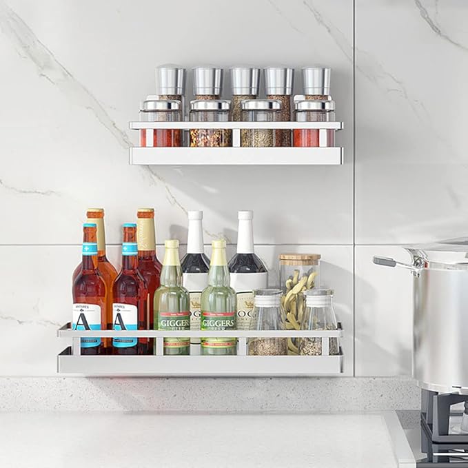 Spice Rack Organizer, SUS304 Stainless steel Wall Mount Spice Rack Storage Basket - Seasoning Container, Kitchen Spice Organizer -Kitchen Seasoning Hanging Rack - Bathroom Shelf (Silver)