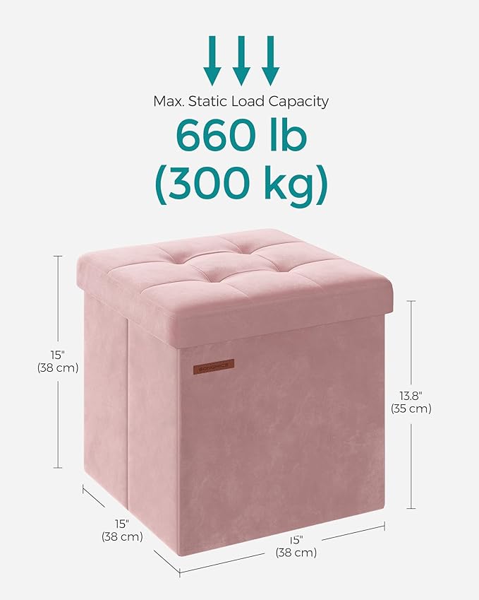 SONGMICS Small Storage Ottoman, Folding Ottoman Cube, 15 x 15 x 15 Inches, Footstool, Footrest, 11 Gal. (43 L), Velvet Surface, for Bedroom, Living Room, Dorm, Jelly Pink ULSF227R01