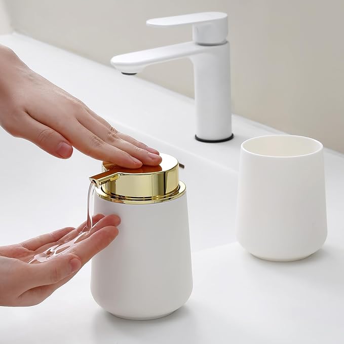 White and Gold Bathroom Accessories 2 Piece Set Plastic Soap Dispenser and Toothbrush Holder for Modern Bathroom Decor