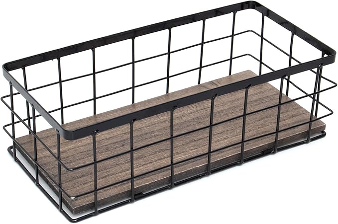 ROSE BLOOM Small Metal Wire Storage Basket, Decorative Wood Base Organizer Bins for Bathroom, Kitchen, Laundry Room, Pantry, Basket for Toilet Paper, Fruits, Spices（1 Pack