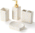 4 Piece Bathroom Accessories Set - Modern Terrazzo Pattern Includes Lotion Dispenser, Toothbrush Holder Tumbler, and Soap Dish - Glossy Finish