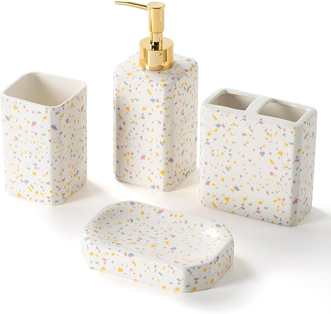 4 Piece Bathroom Accessories Set - Modern Terrazzo Pattern Includes Lotion Dispenser, Toothbrush Holder Tumbler, and Soap Dish - Glossy Finish