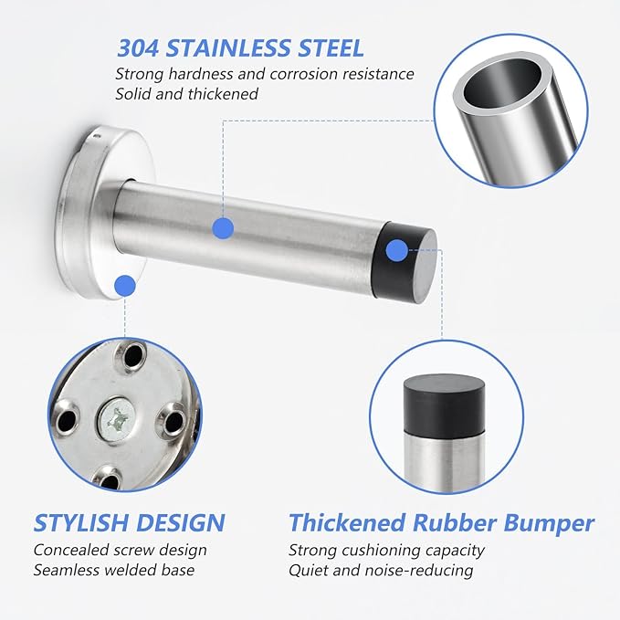 HOME MASTER HARDWARE 3.5 Inch Heavy Duty Door Stops, 4 Pack 304 Stainless Steel Door Stopper with Rubber Tip - Wall Mount Sound Dampening, Satin Nickel Finish