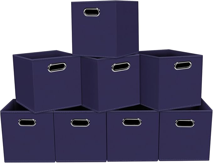 Fabric storage bins Cubes, Fabric Cube Organizer with Handle, Foldable Cube Bins for Cloth or Accessary Storage, 11x11x11, Set of 8, (Navy Blue)