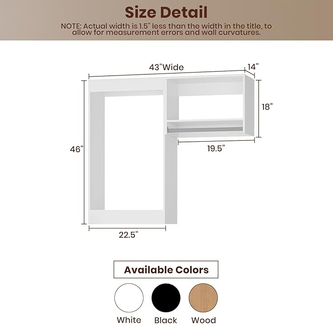 ROOMTEC Modular Closet System, 43" Wall-Mounted Closet Organizer with Hanging Rods, Wooden Tower for Walk-In Closets, Wardrobe Storage Kit, White