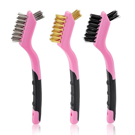 MAXMAN Wire Brush Set 3-Pack, Small Wire Brushes for Cleaning, Rust Remover, Dirt Cleaner, Metal Brush, Paint Scrubbing, 7" Deep Clean Detailing Tools, Brass/Stainless Steel/Nylon Bristles, Pink.
