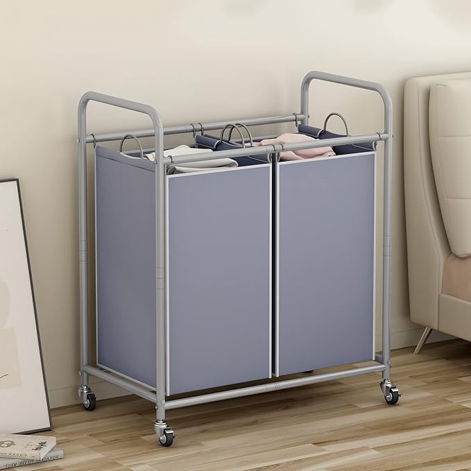 SUOERNUO Laundry Sorter Basket 2 Bag Laundry Hamper Cart with Rolling Lockable Wheels and Removable Bags Laundry Organizer Cart for Clothes Storage, Grey