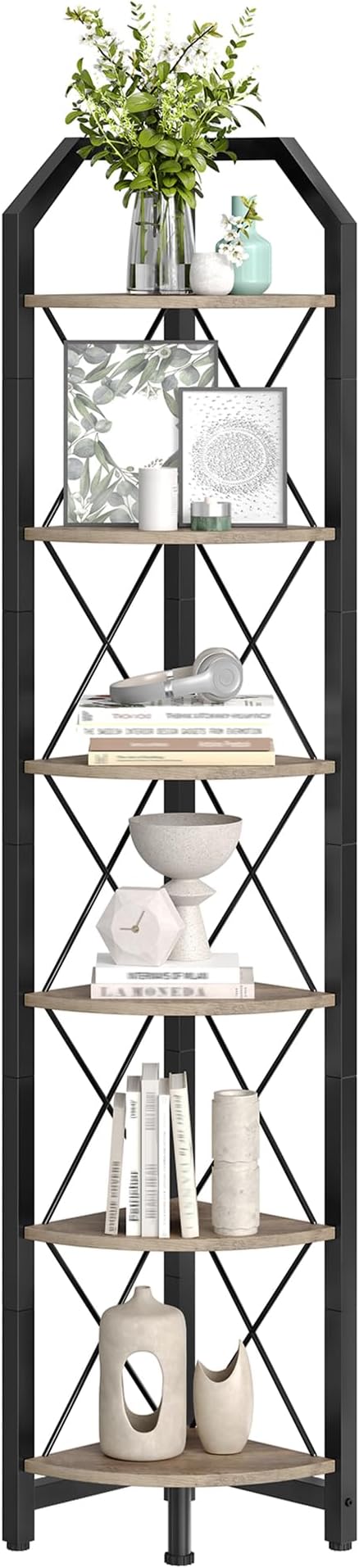 6-Tier Corner Shelf, Industrial Corner Bookshelf, 71.2" Corner Storage Stand, Plant Stand Display Shelf, Corner Bookcase for Bedroom, Living Room, Home Office, Greige and Black TCJ11BG