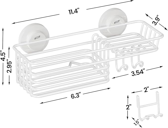 LEVERLOC Shower Caddy Suction Cup, Heavy Duty Bathroom Organizer for Inside Shower with Hooks & Soap Holder， NO-Drilling Bathroom Shower Holder-White