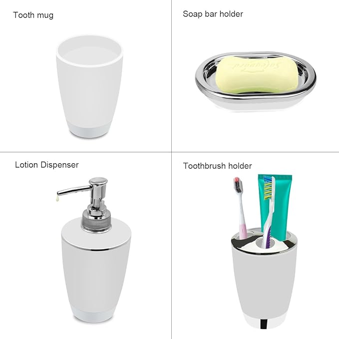 Bathroom Accessories Set, 6-Piece Plastic Gift Set, Toothbrush Holder, Toothbrush Cup, Soap Dispenser, Soap Dish, Toilet Brush Holder, Trash Can (White)