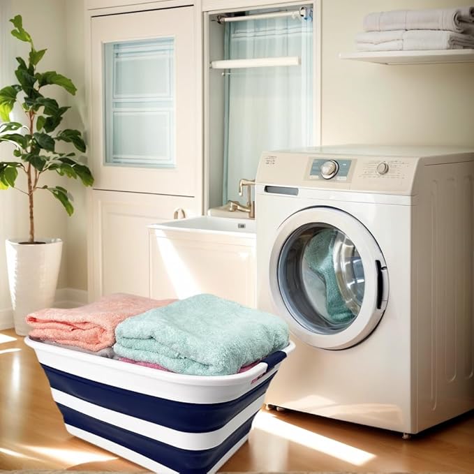 SAMMART Collapsible Plastic Laundry Basket with Handle/Foldable Pop Up Storage Hamper/Portable Laundry Organizer-Space Saving Washing Tub/Household Storage (White/Starry Blue, 42L (Set of 2))