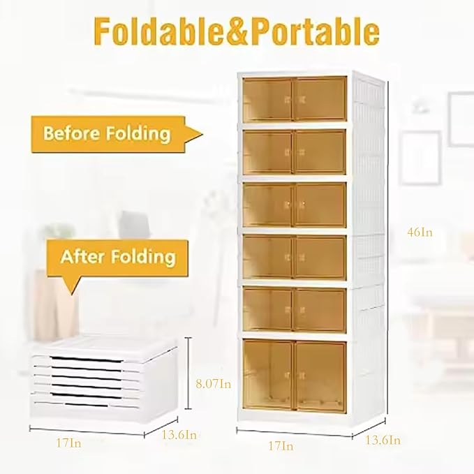 2PCS 6 Tier Easy Assembly Collapsible Shoe Cabinet Foldable Shoe Organizer Stackable Shoe Storage Box with Clear Door for Front Door Entrance