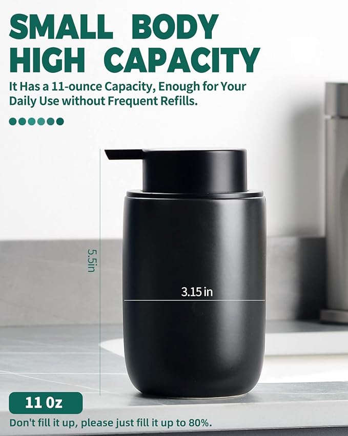 BosilunLife Black Foam Soap Dispenser - Ceramic Foaming Hand Wash Dispenser for Bathroom Modern Farmhouse Small Soap Dispenser Lotion Hand Pump Dispenser for Kitchen Sink