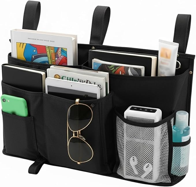 gedamari Bedside Organizer, Durable Bunk Bed Caddy, Multi-Pocket Hanging Storage Bag for College Dorm, Home, Hospital and Baby Stroller, Easy Installation, Metal Rivets Added, Oxford Fabric (Black)