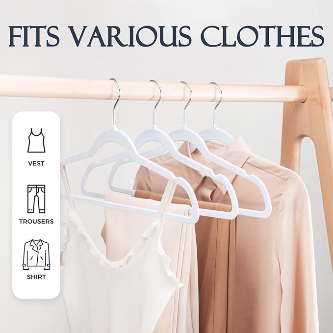 HOUSE DAY White Velvet Hangers 40 Pack, Non Slip Clothes Felt Hanger Heavy Duty for Coat, Premium Slim Space Saving Suit Hangers for Closet Organizer, 360° Rotating Silver Hook