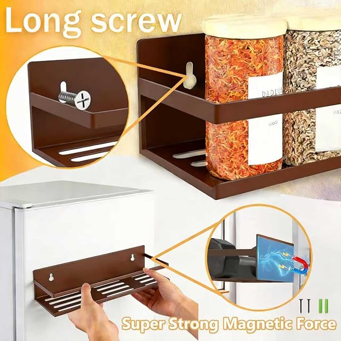 Magnetic Spice Rack for Refrigerator Seasoning Organizer for Spice Fridge Shelf storage Magnetic Shelf with Hook for Oven(Bronze)