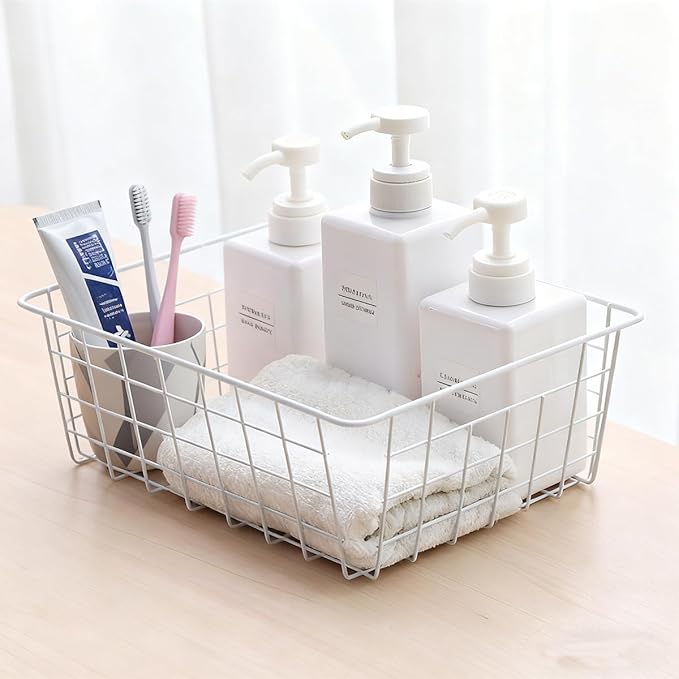 4 Pack White Wire Baskets for Pantry, 11" Upright Wire Freezer Storage Bins with Handles, Small White Metal Storage Basket for Freezer Organizing Office Kitchen Closets