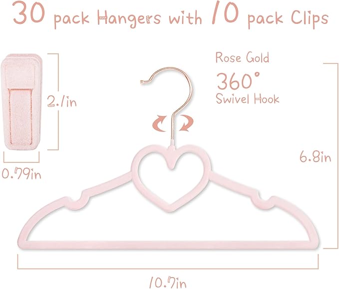 OneDream Pink Velvet Baby Hangers - 30 Pack 11inch Heart Toddler Hangers with 10pcs Clips, Non-Slip Strong and Durable Baby Clothes Hangers Without Slipping, Ultra Slim and Stackable Space Saving