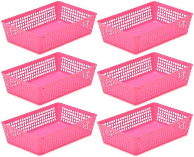 YBM Home 6-Pack Plastic Storage Baskets Bins for Home Junk Drawer, Shelves, and Office Organization, Functional Trays/Containers Great for Kitchen Pantry, Cabinets, Bedrooms, and Bathrooms, Pink