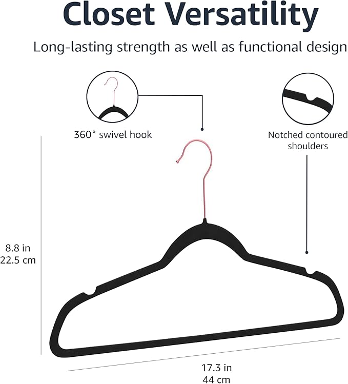 Amazon Basics Slim, Velvet, Non-Slip Sturdy Suit Clothes Hangers, Pack of 30, Black/Rose Gold