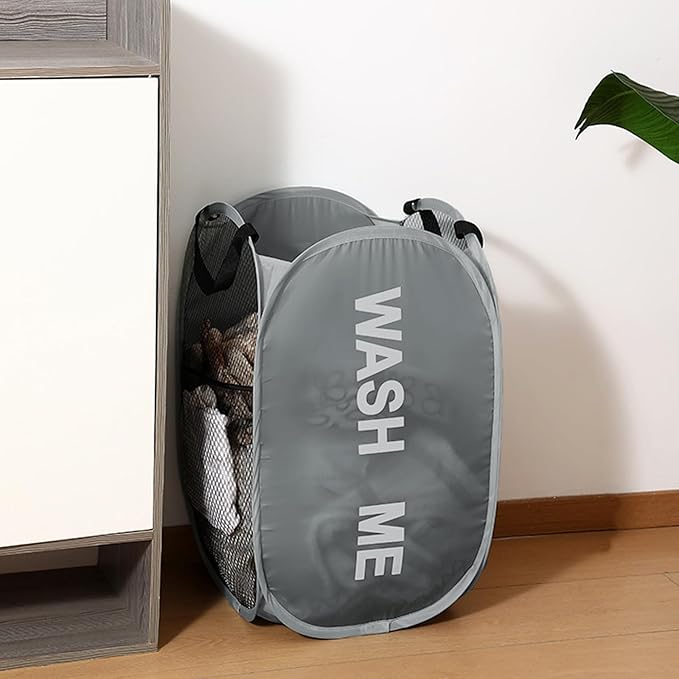 Collapsible Mesh Pop Up Laundry Hamper 2Pack Foldable Laundry Basket for clothing, stuffed animals, towels, for Laundry Room, Dorm, Apartment (Black+Grey)