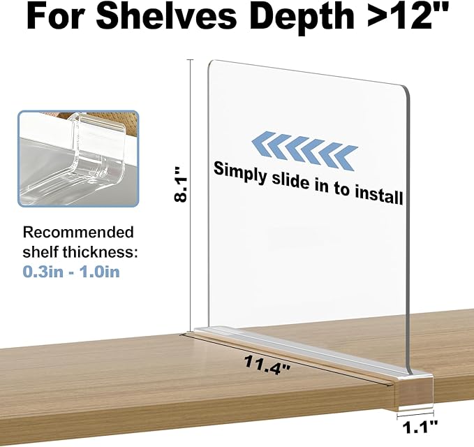 Purse Organizer for Closet Shelf Dividers: 12-Pack Adjustable Clear Acrylic Bag Storage Organizer for Handbags, Sweaters, Towels, Jeans and Shoes on Wood Shelves