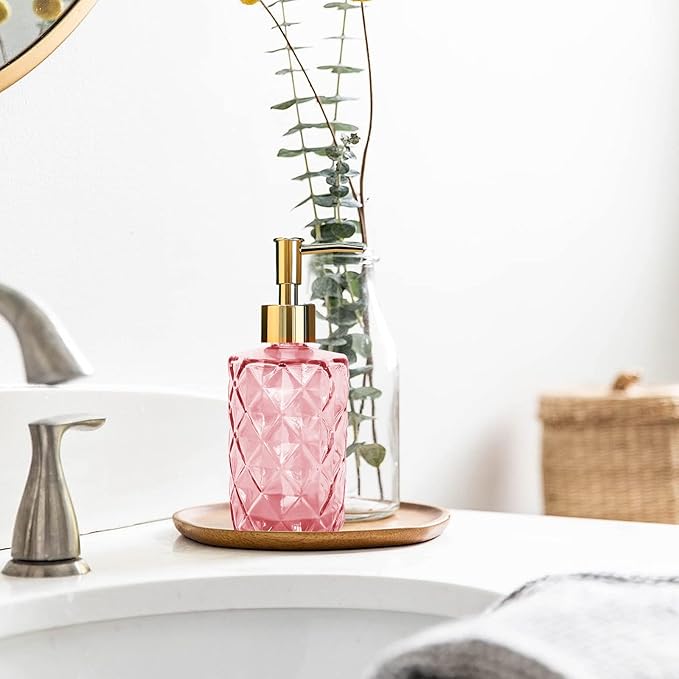 Glass Soap Dispenser with Gold Pump, Bathroom Soap Dispenser, 330ml Hand Foam Lotion Dispenser, Refillable Liquid Soap Bottle for Kitchen, Hand Sanitizer, Lotion (Pink)