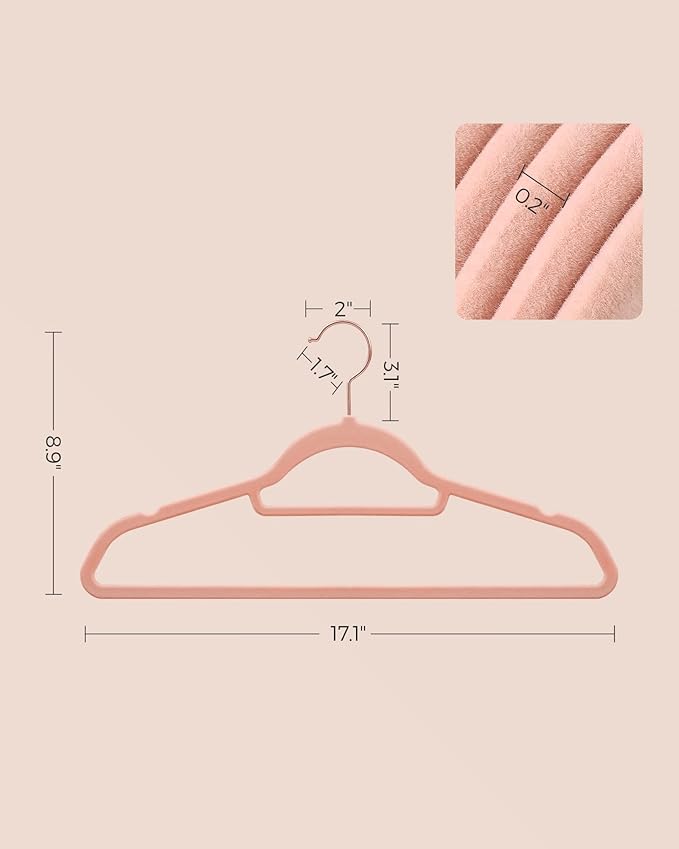 SONGMICS Velvet Hangers, Set of 100 Clothes Hanger with Rose Gold Swivel Hook, Non-Slip, and Space-Saving, 0.2-Inch Thick, 17.1-Inch Long for Coat, Shirt, Dress, Pants, Tie, Coral Pink UCRF021PK100