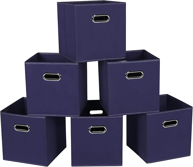 STOREONE Fabric Storage Bins Cubes Baskets Containers-(11X11X11) with Dual Handles for Shelf Closet, Nursery Home ， Bedroom Organizers, Foldable Set of 6 (Navy Blue)