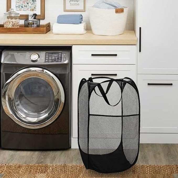 BATTOO Deluxe Strong Mesh Pop up Laundry Hamper Basket with Side Pocket Foldable Hamper for Laundry Room, Bathroom, Kids Room, College Dorm or Travel Black + Black
