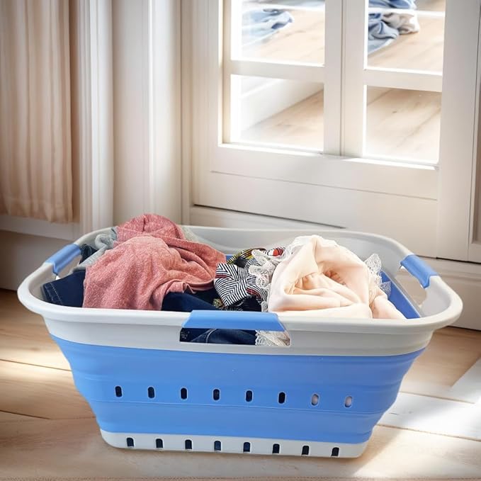 SAMMART 42L (11 gallon) Collapsible Plastic Laundry Basket - Foldable Pop Up Storage Container/Organizer - Space Saving Hamper/Basket (1, Grey/Little Boy Blue)