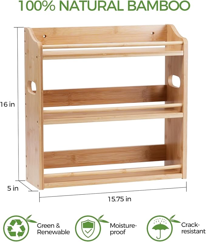 Bamboo Spice Rack Organizer, 3 Tier Spice Jars Storage Rack with Handles, Seasoning Shelf for Kitchen Counter or Wall