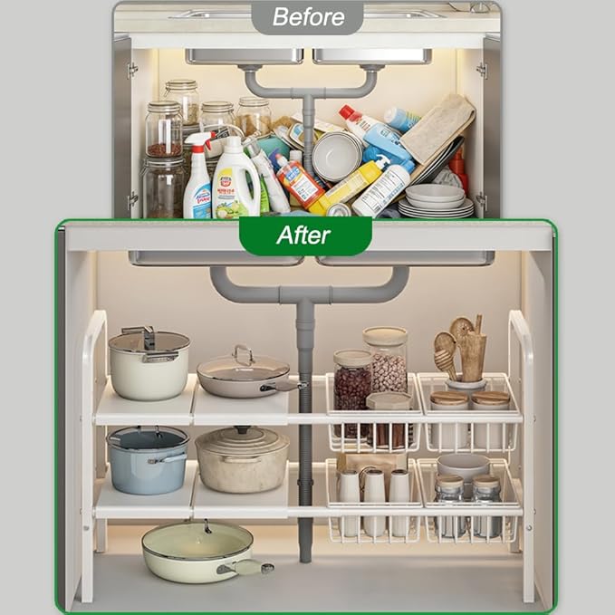 Under Sink Organizer and Storage 2 Tier Expandable Shelves Kitchen Cabinet Crganizers with 4 Baskets and 4 Panels for Bathroom Counter shelf Pantry