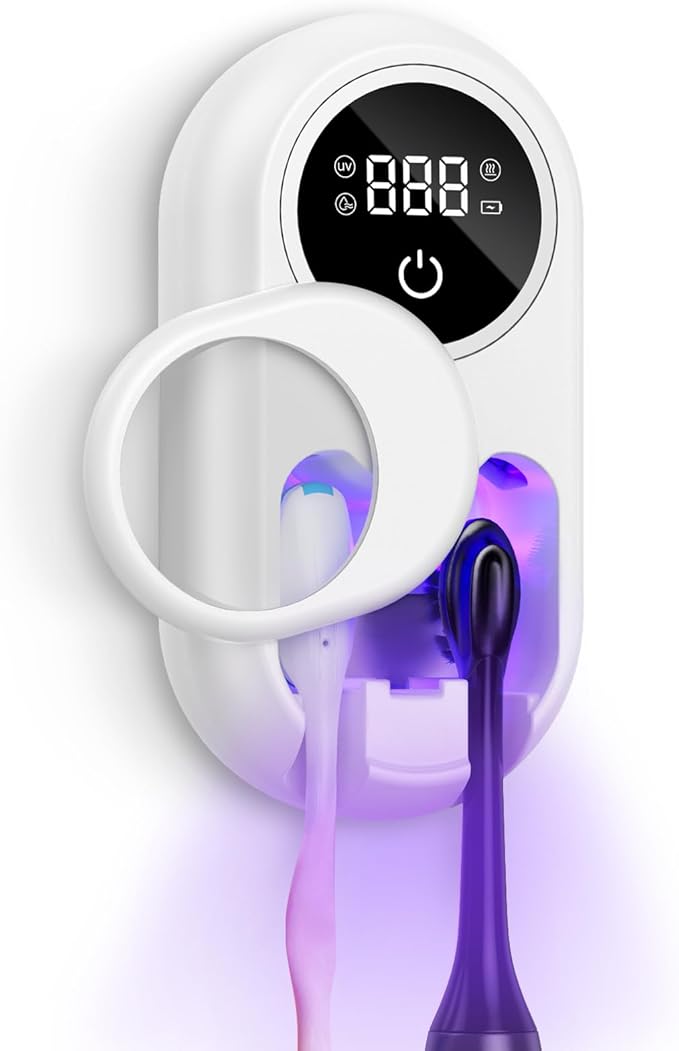 Temracha Toothbrush Sanitizer Holder, Upgraded UV Toothbrush Holder with Dual-Mode Clean & Air Dry, LED Smart Screen, Auto-Inductive Cover, Toothbrush Wall Mounted Cleaner Organizer for Bathroom, Trip
