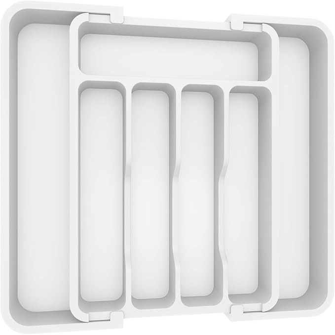 Lifewit Silverware Drawer Organizer, Expandable Utensil Tray for Kitchen, BPA Free Flatware and Cutlery Holder, Adjustable Plastic Storage for Spoons Forks Knives, 8.9-14.7 x 12.2", White