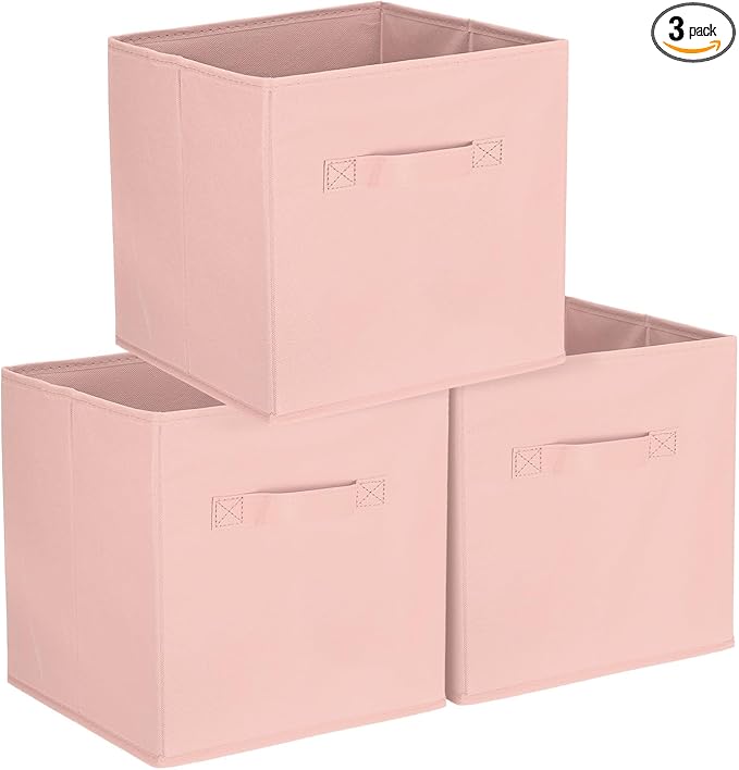 uxcell 3Pcs Fabric Storage Bins, 11 Inch Cube Storage Bin Foldable Storage Cube Organizer Bins with Handles for Shelf Closet, Nursery Home, Bedroom(Light Pink)