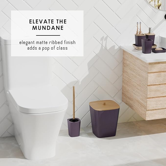 Clara Clark Bathroom Accessories Set - Bathroom Set, Bathroom Accessory Set, Shower Curtain Set, Toilet Brush, Trash Can & Soap Dispenser - Purple - 20PC